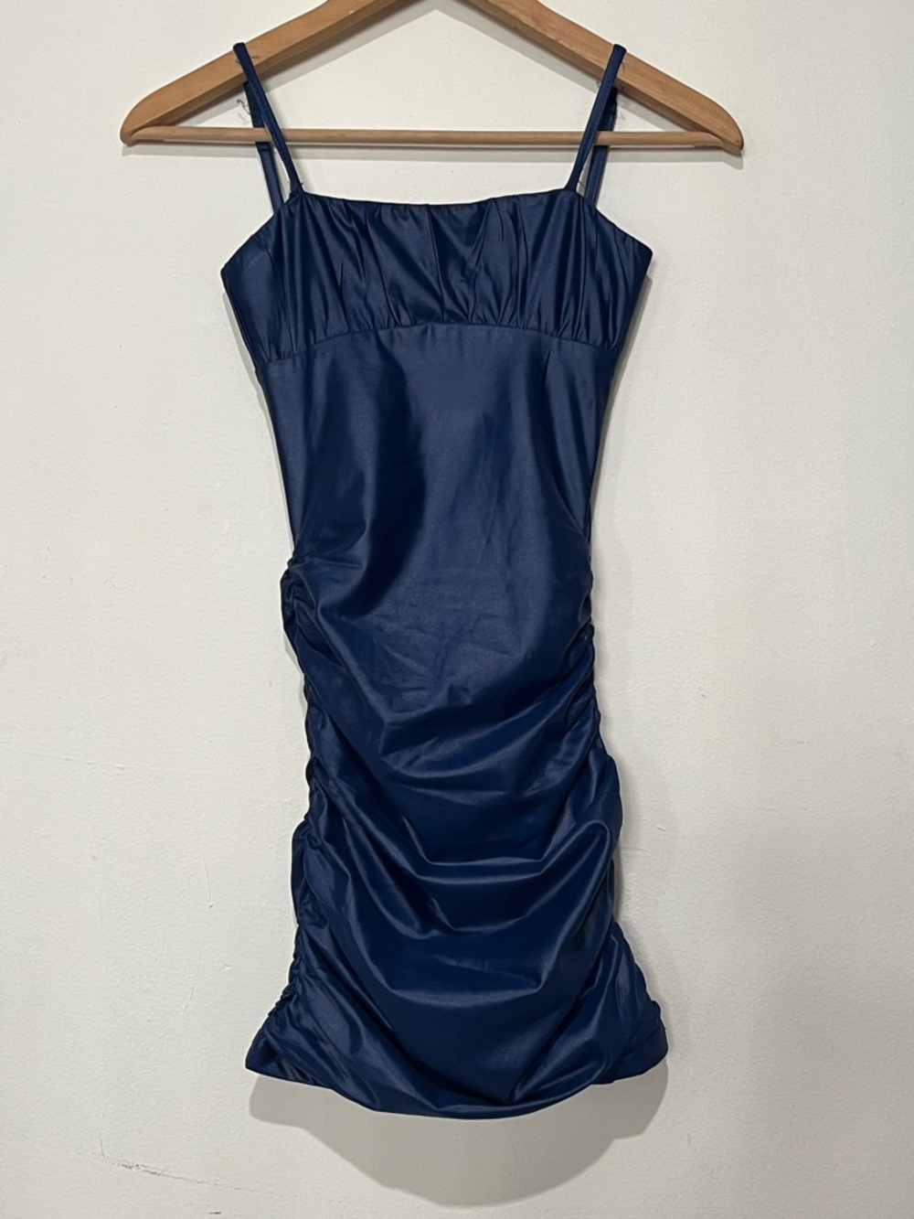 Katie J NYC Navy Satin Ruched Spaghetti-Strap Mini